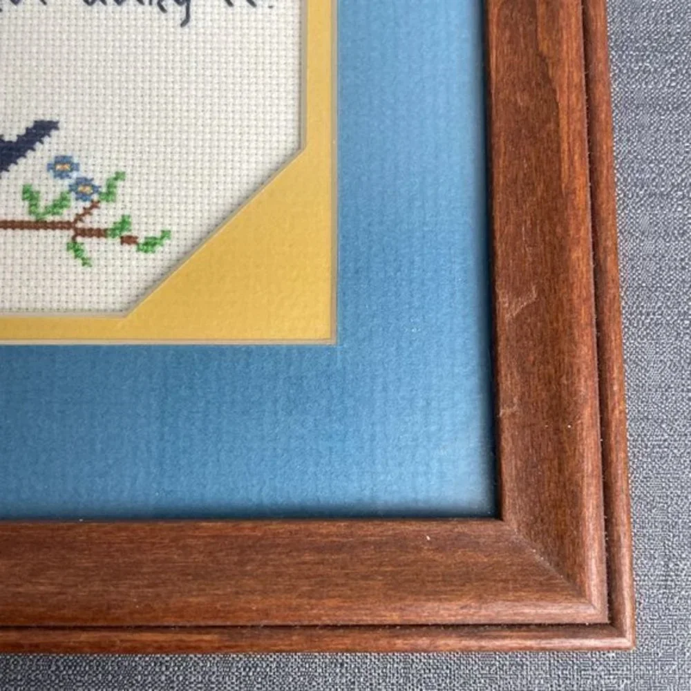 Finished Framed Cross‎ Stitch Anti-Smoking Blue Birds 10 x 10